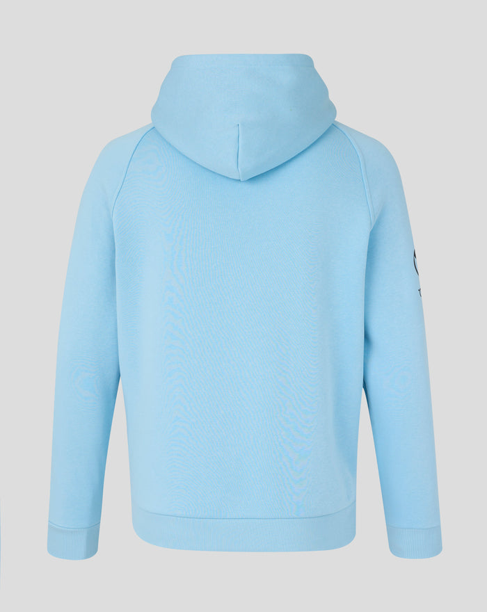Back view of a light blue travel adapt fleece hoodie with hood up