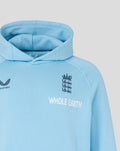 Front close up of airy blue travel hoodie neck highlighting interior branding and chest Three Lions crest