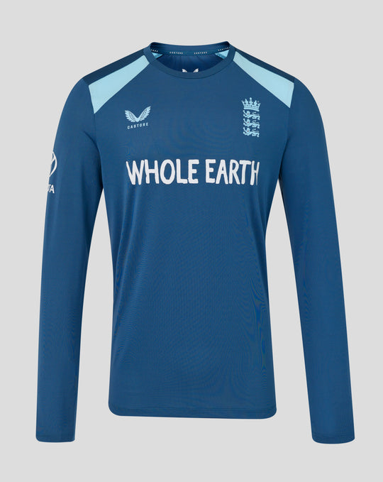 Blue training long sleeve shirt with embroidered Three Lions crest on chest and Whole Earth slogan across front