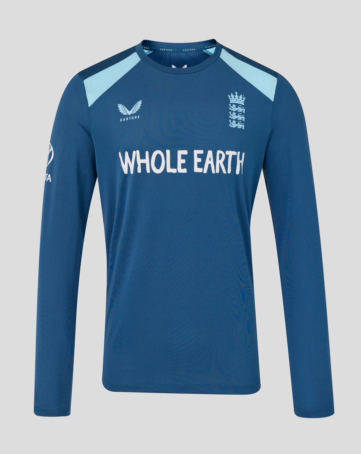Blue training long sleeve shirt with embroidered Three Lions crest on chest and Whole Earth slogan across front
