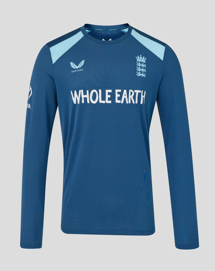 Blue training long sleeve shirt with embroidered Three Lions crest on chest and Whole Earth slogan across front