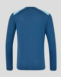 Back view of blue training long sleeve shirt with light sky blue shoulder panels