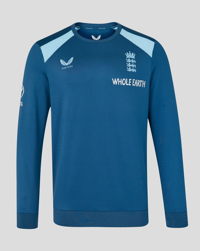 Front view of blue training sweatshirt with light blue shoulder panels and Three Lions crest on chest