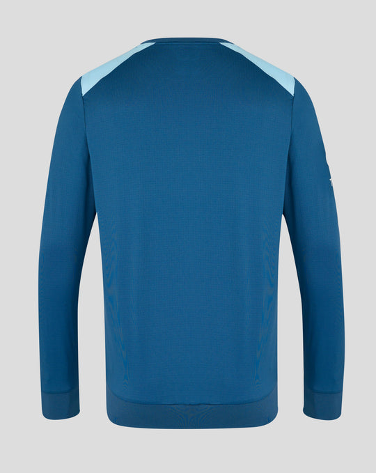 Back view of blue training sweatshirt with light blue shoulder panels
