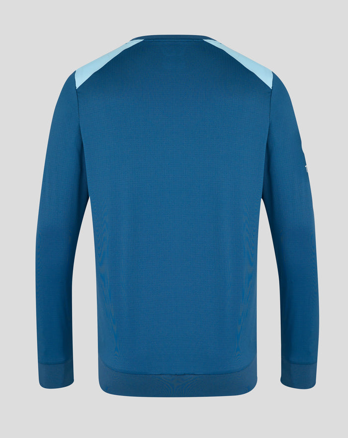 Back view of blue training sweatshirt with light blue shoulder panels