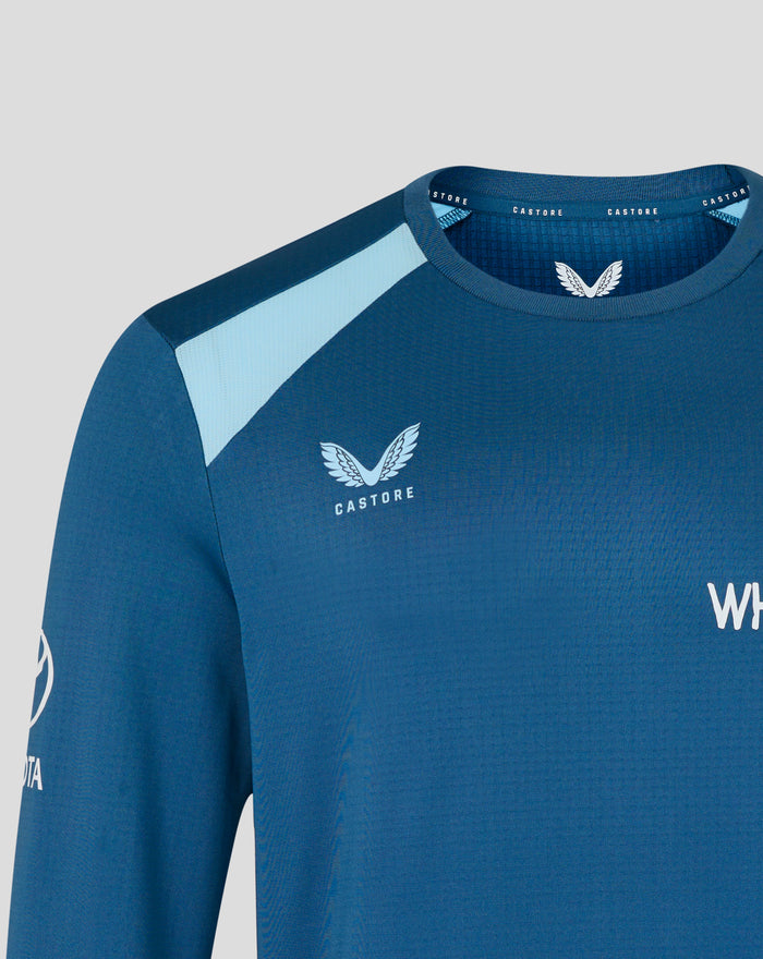Neck area of blue training sweatshirt showing CASTORE branding on the collar and a white crest on the chest.