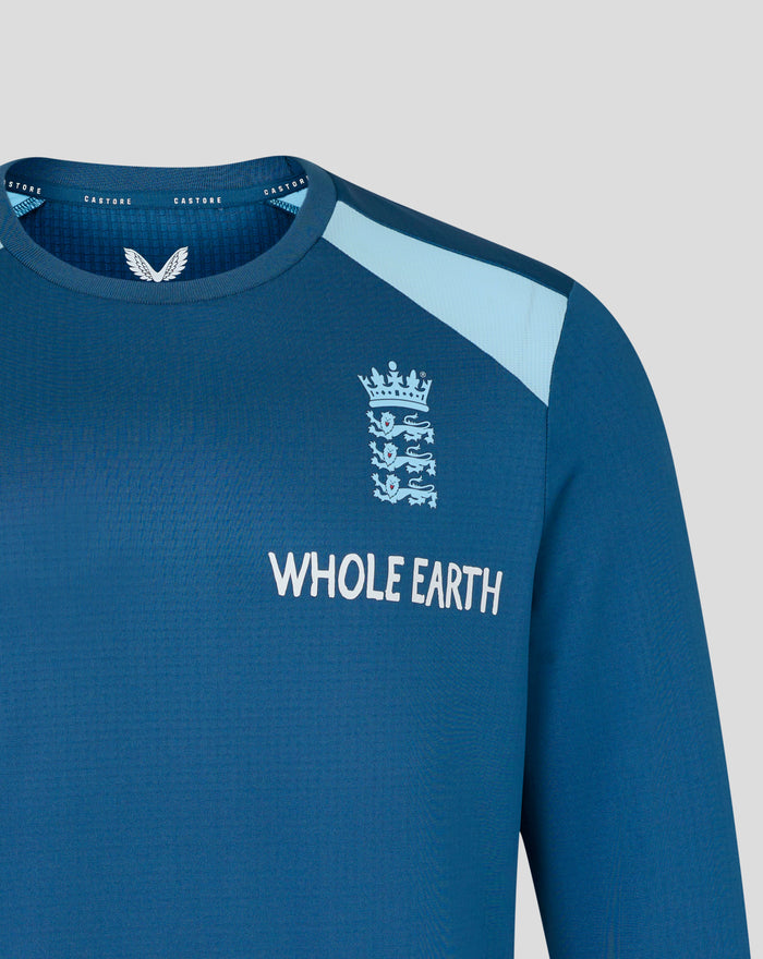 Front of blue training sweatshirt featuring the England three lions crest and Whole Earth text.