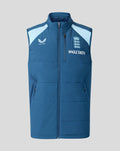 Front view of blue sleeveless training gilet with light blue shoulder panels and Whole Earth branding