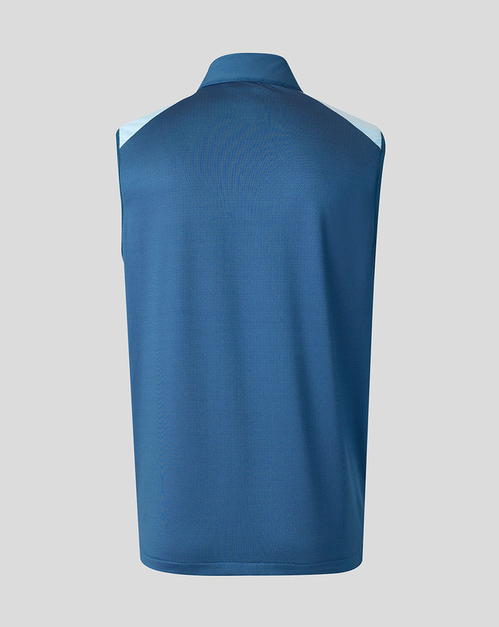 Back view of blue sleeveless training gilet with dark body and light blue shoulder panels