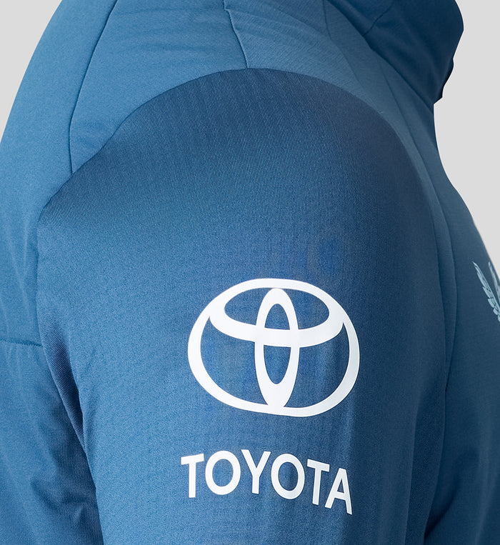 Ensign Blue training thermal jacket sleeve with large white Toyota logo.