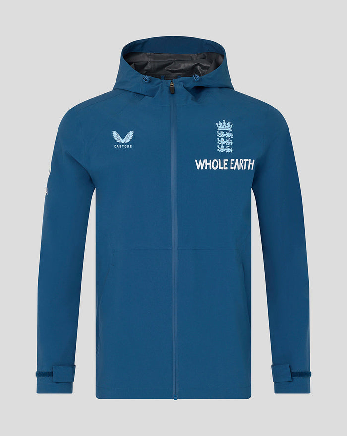 Front view of men's ensign blue Training Rain Jacket with white crest and Whole Earth logo on the chest