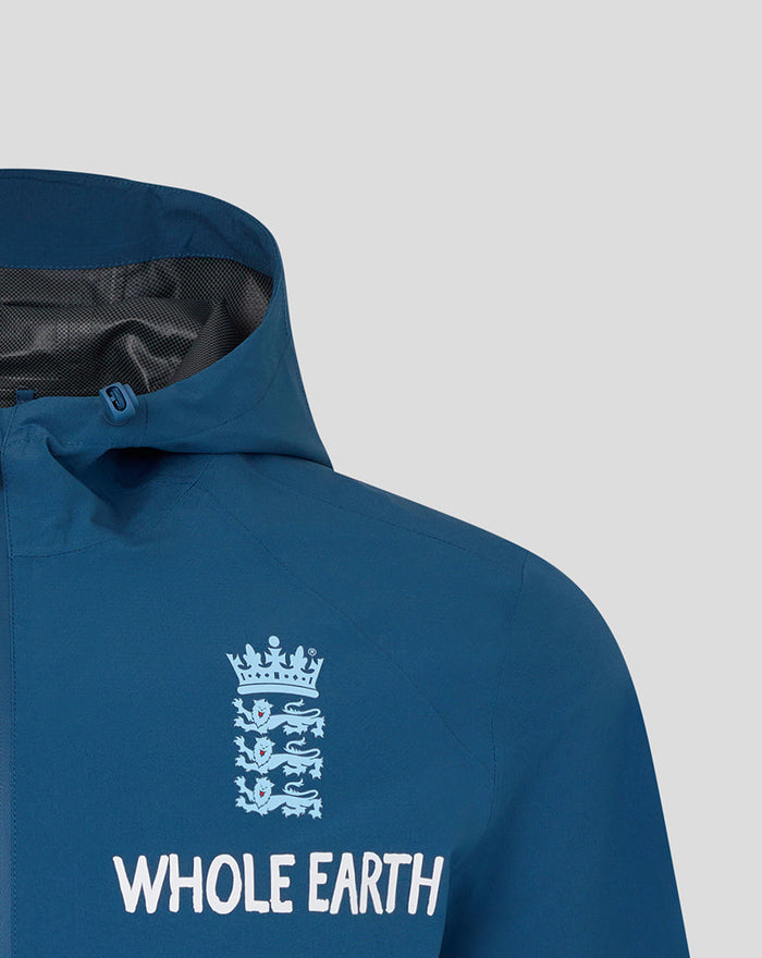 Ensign blue men's training rain jacket with hood and Whole Earth crest on the chest.