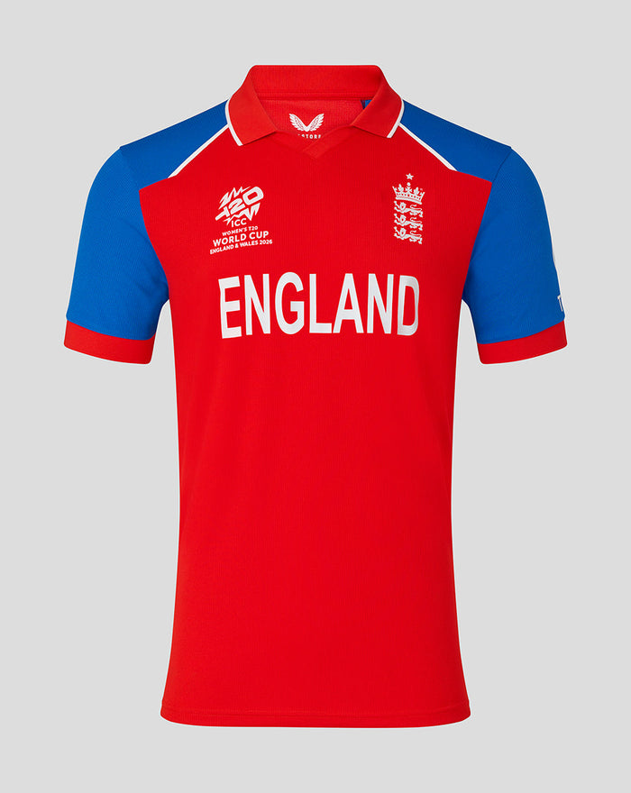 Red England cricket T20 World Cup shirt with blue detailing and ENGLAND across the chest.