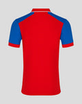 Back view of red England T20 team shirt with blue sleeves.