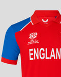 Chest view of red England shirt with large ENGLAND lettering and World Cup crest.