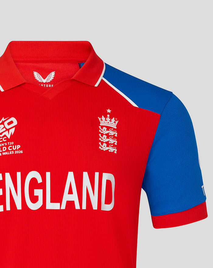 England men's T20 World Cup short sleeve jersey in red with blue accents and ENGLAND lettering