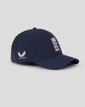 Side view of navy T20 Cap showing curved peak and England Cricket crest.