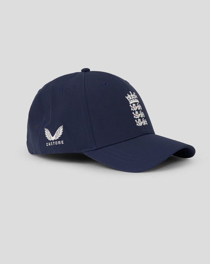 Side view of navy T20 Cap showing curved peak and England Cricket crest.