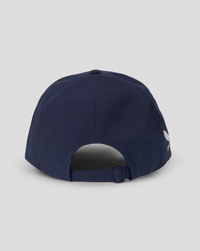 Back view of navy T20 Cap with adjustable strap and back panel stitching.
