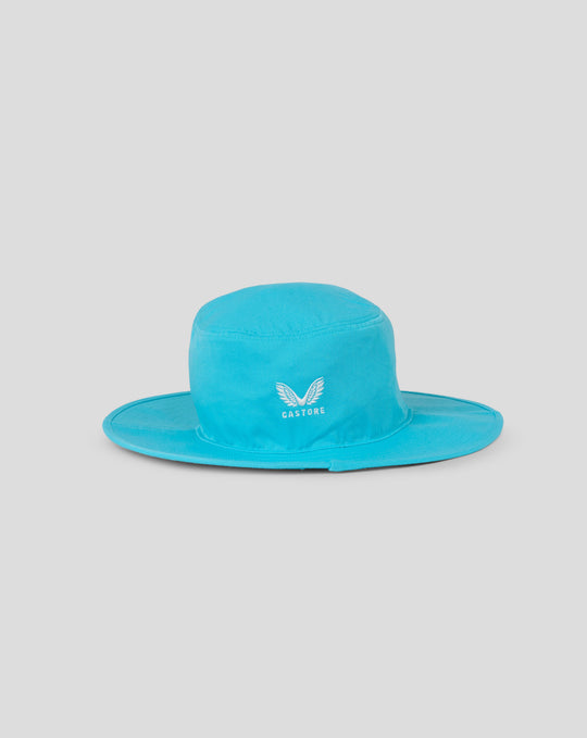 Blue ODI Widebrim hat shown from a different angle with the England crest