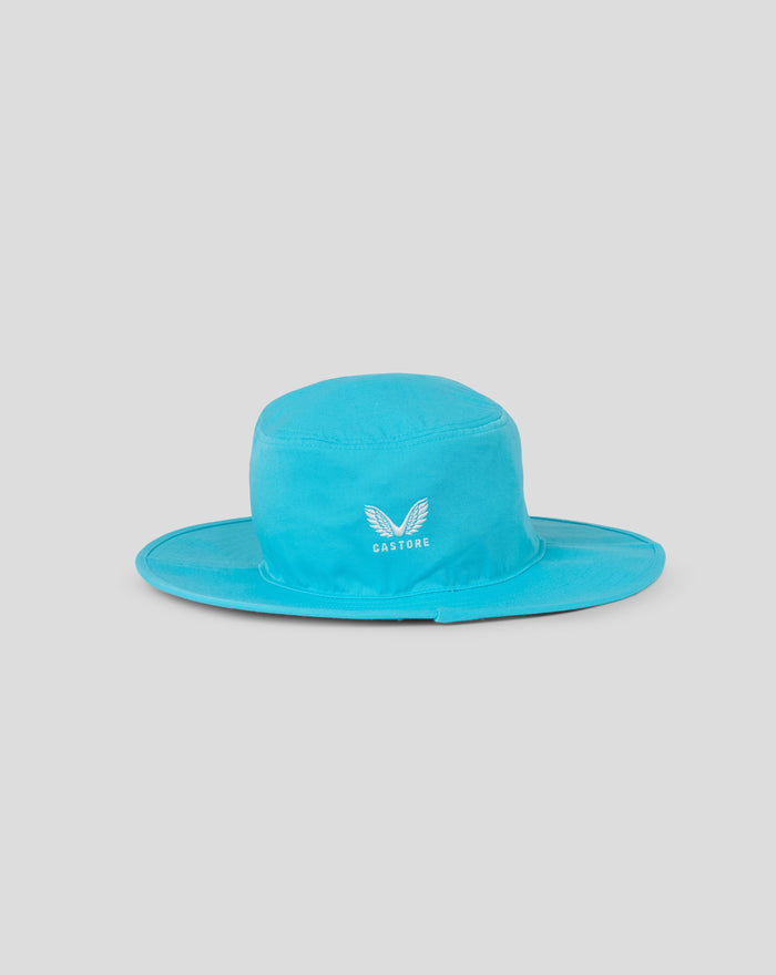 Blue ODI Widebrim hat shown from a different angle with the England crest