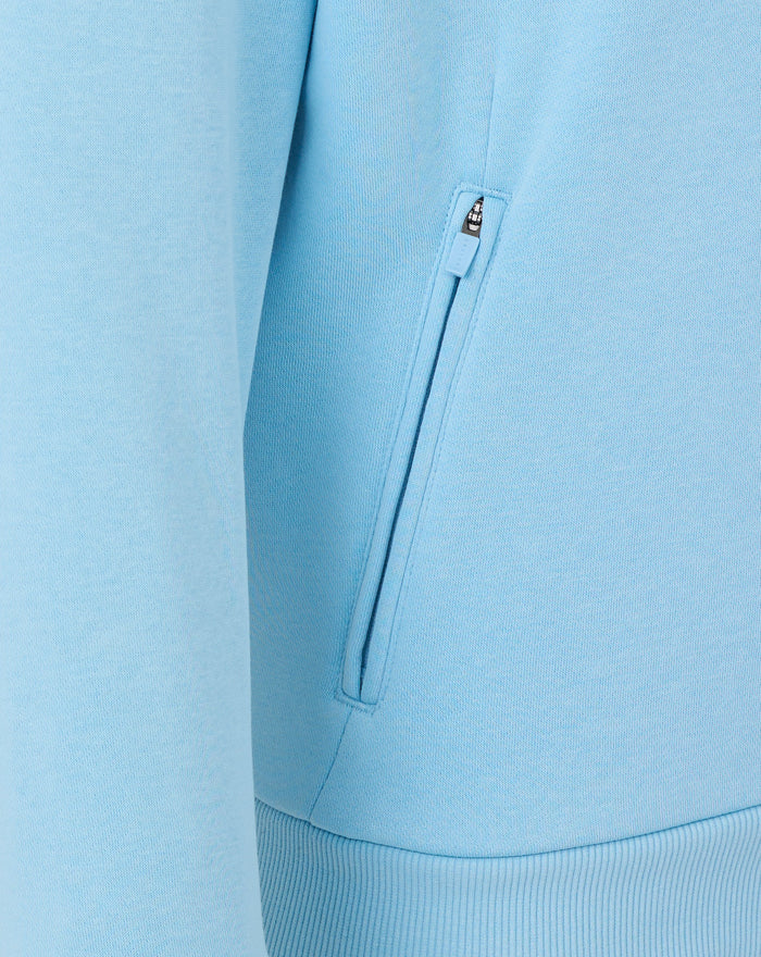 Close up of the light blue fleece hoodie zipper with matching pull tab