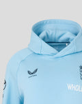 Inside view of the hood and neckline of the airy blue hoodie showing stitching and fabric detail