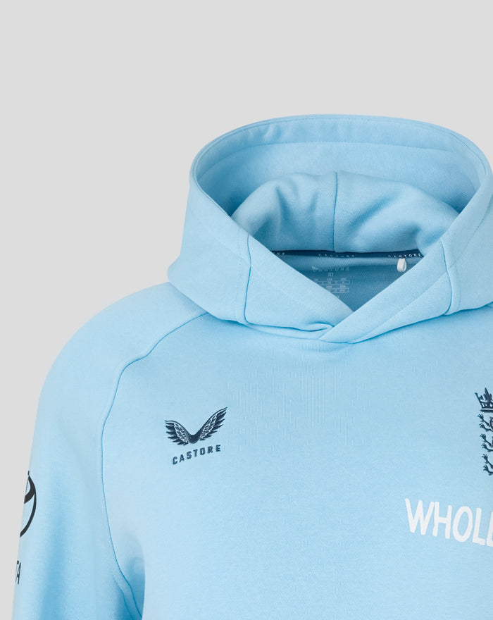 Inside view of the hood and neckline of the airy blue hoodie showing stitching and fabric detail