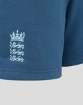 Embroidered navy Three Lions crest on the leg of women's ensign blue travel fleece shorts