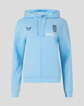Front view of light blue Travel Flex Full Zip Hoodie with England cricket crest and Castore logo.