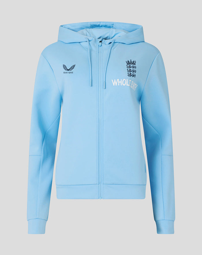 Front view of light blue Travel Flex Full Zip Hoodie with England cricket crest and Castore logo.