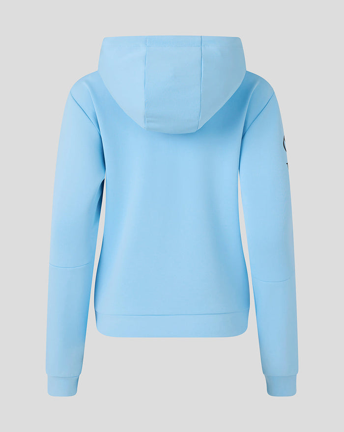 Back view of light blue Travel Flex Full Zip Hoodie with hood and relaxed fit.
