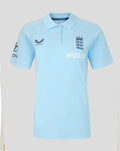 Front of airy blue Travel Polo with navy England crest on right chest and Castore logo on left chest