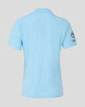 Back view of airy blue Travel Polo showing ribbed collar and sleeve branding
