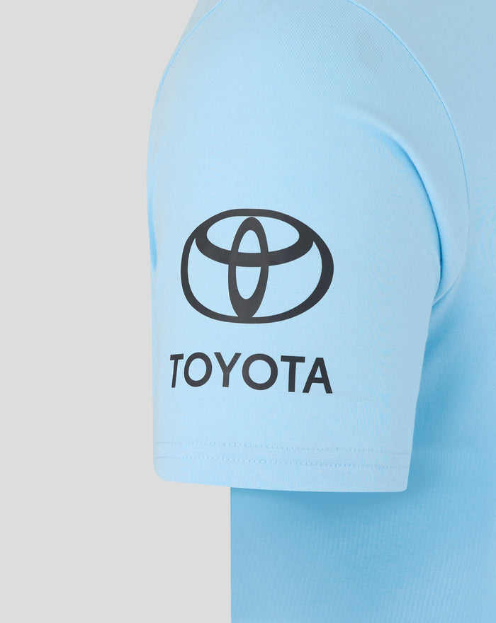 Close up of shoulder and neck area on the light blue Travel T Shirt with the Castore label at the collar and Toyota branding visible.