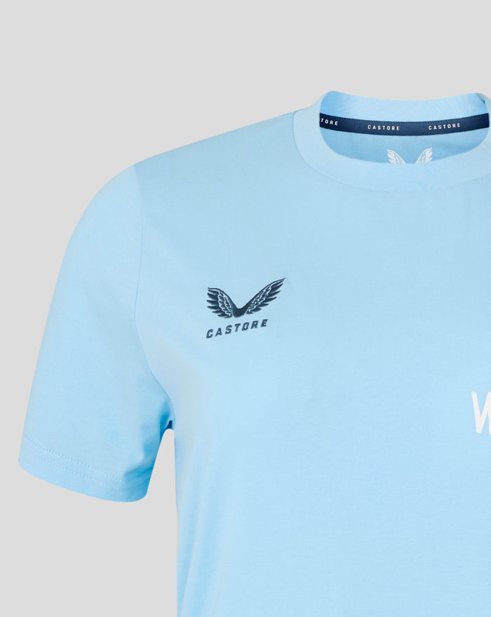Chest view of the light blue Travel T Shirt with an eagle graphic and Castore branding.