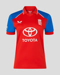 Front view of red and blue collared shirt with Toyota sponsor logo across the chest.