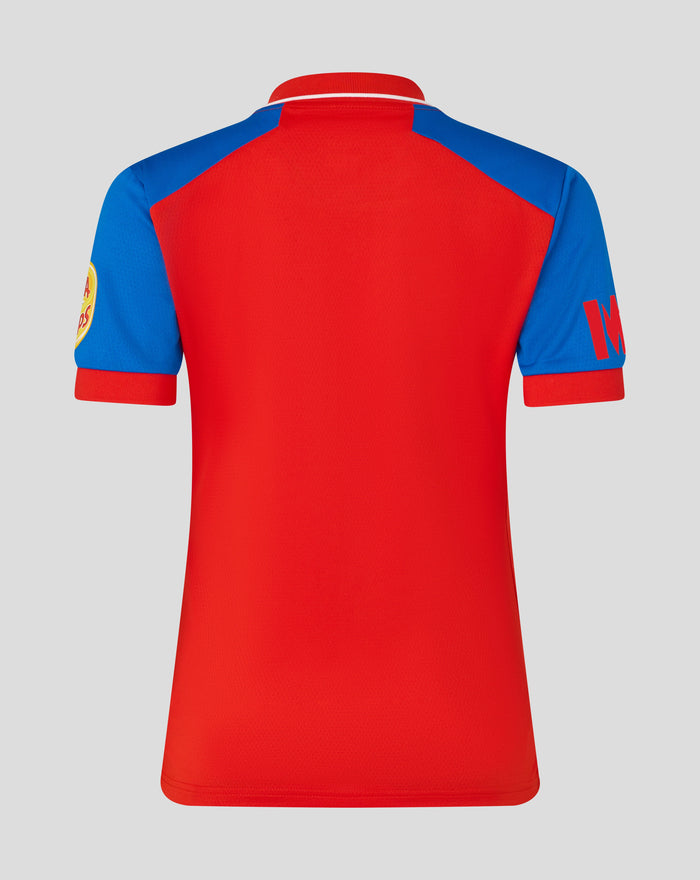 Back view of Womens 26/27 T20 Pro Short Sleeve Shirt in red with blue shoulders and white trim