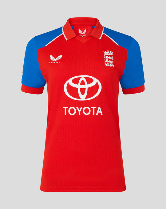 Front view of red England T20 shirt with blue sleeves, featuring embroidered Three Lions crest and Toyota sponsor.