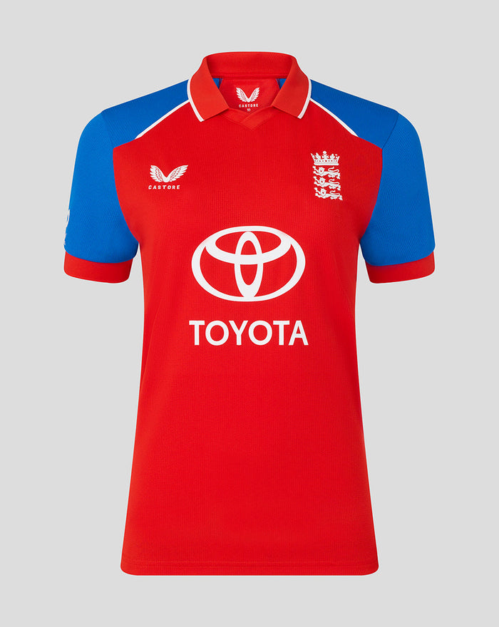Front view of red England T20 shirt with blue sleeves, featuring embroidered Three Lions crest and Toyota sponsor.