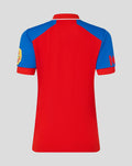 Back view of red England T20 shirt with blue sleeves and white collar trim.