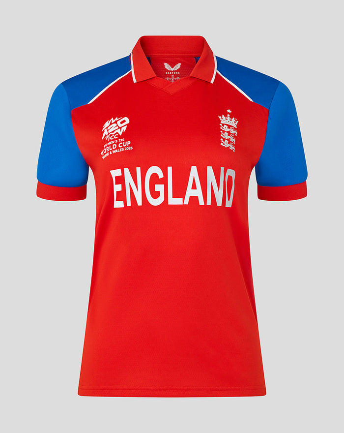 Front view of red England WWC short sleeve team shirt with blue sleeves and bold ENGLAND text across the chest.