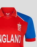 Front view of red England T20 World Cup shirt with blue sleeves and white ENGLAND lettering.