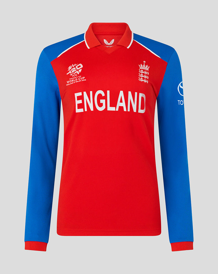 England long sleeve T20 World Cup shirt in red with blue sleeves and large ENGLAND lettering.