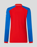 Rear view of womens long sleeve T20 World Cup shirt in red with blue sleeves and white collar trim