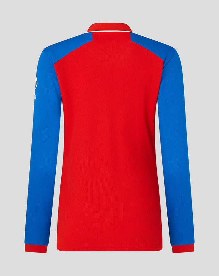 Rear view of womens long sleeve T20 World Cup shirt in red with blue sleeves and white collar trim