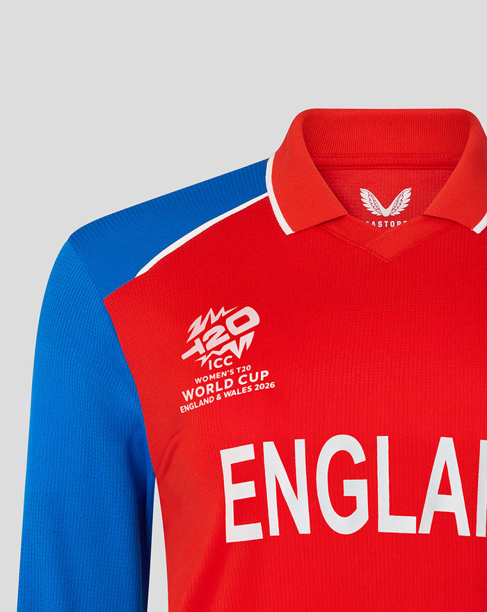 Red and blue England women's T20 World Cup jersey with large ENGLAND text and embroidered Three Lions crest