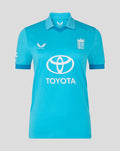 Turquoise blue ODI Pro short sleeve cricket shirt with Toyota logo and England crest on the chest