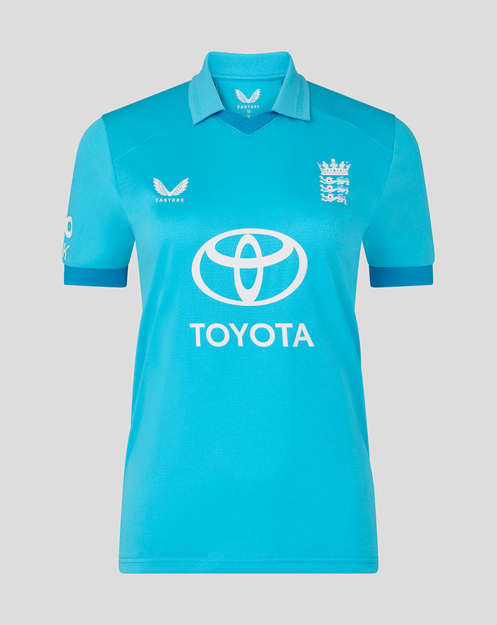 Turquoise blue ODI Pro short sleeve cricket shirt with Toyota logo and England crest on the chest
