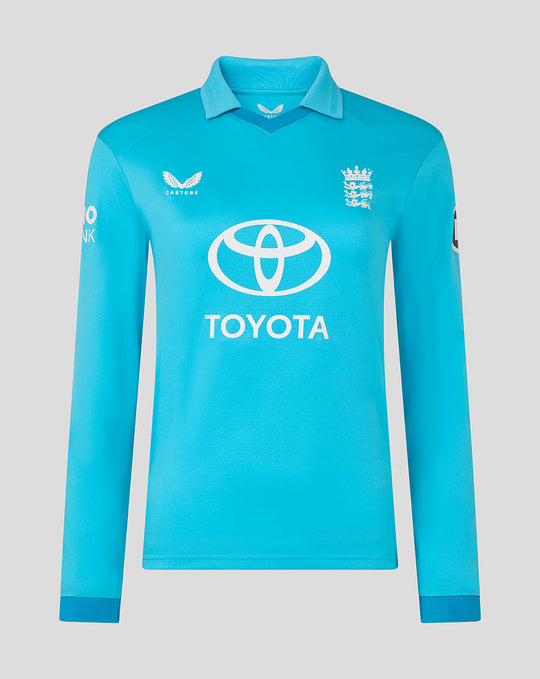 Womens ODI Pro long sleeve blue shirt with England crest and Toyota sponsor logo on front.